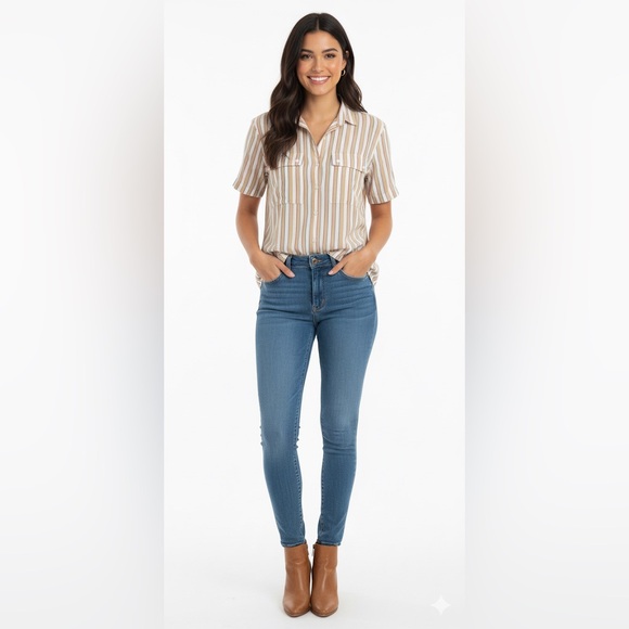 Elegant Striped Button Down Shirt - Cream and Brown - Picture 3 of 9